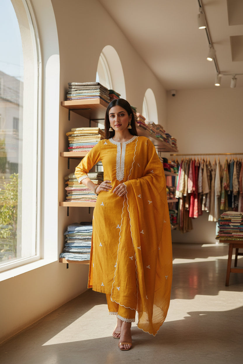 Mustard Muslin Suit with Dori Work