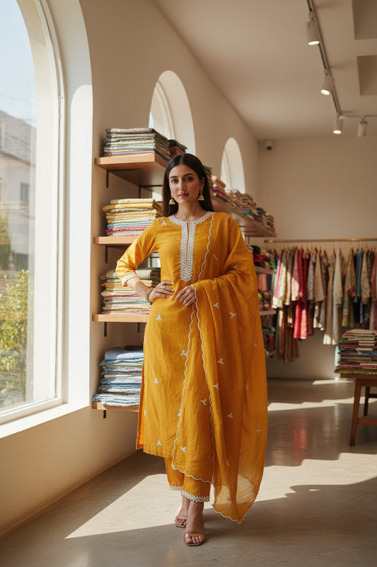 Mustard Muslin Suit with Dori Work