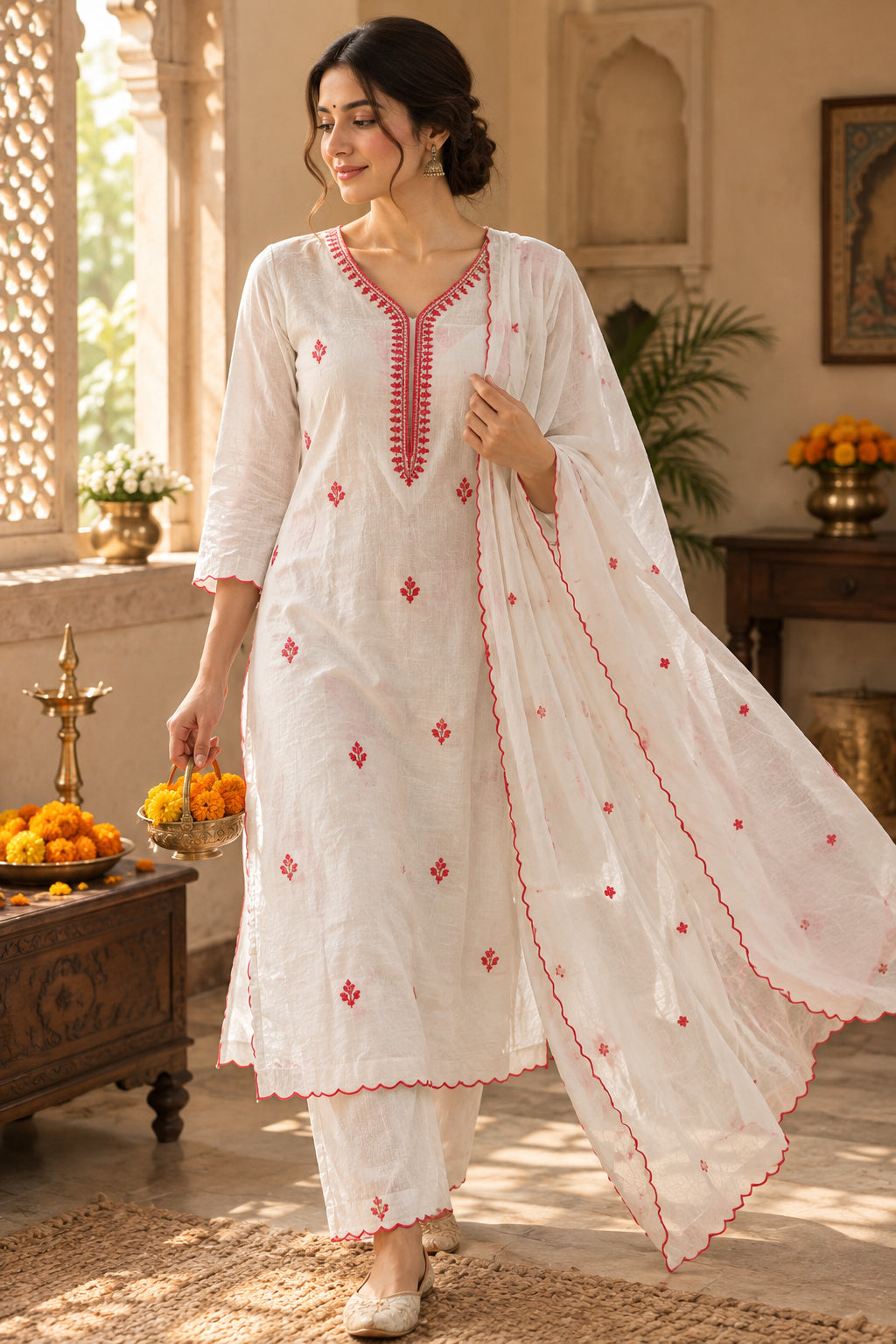 Off-White Mul Cotton Suit with Coral Dori Work