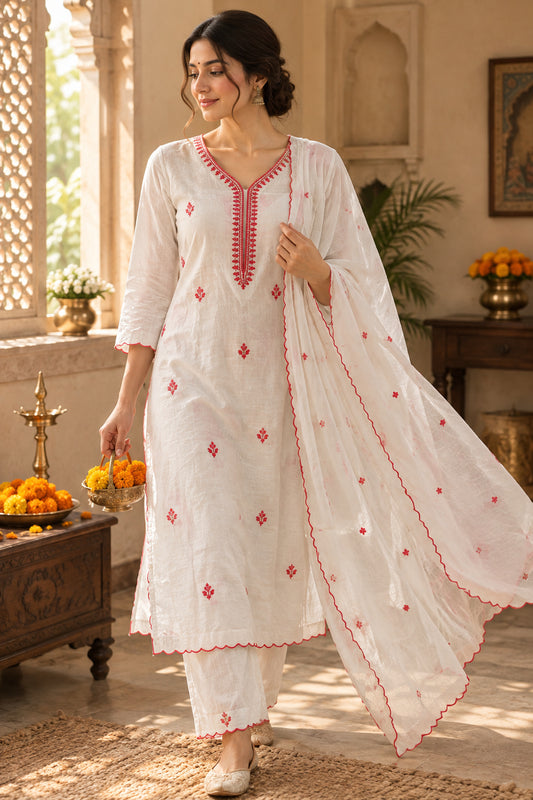 Off-White Mul Cotton Suit with Coral Dori Work