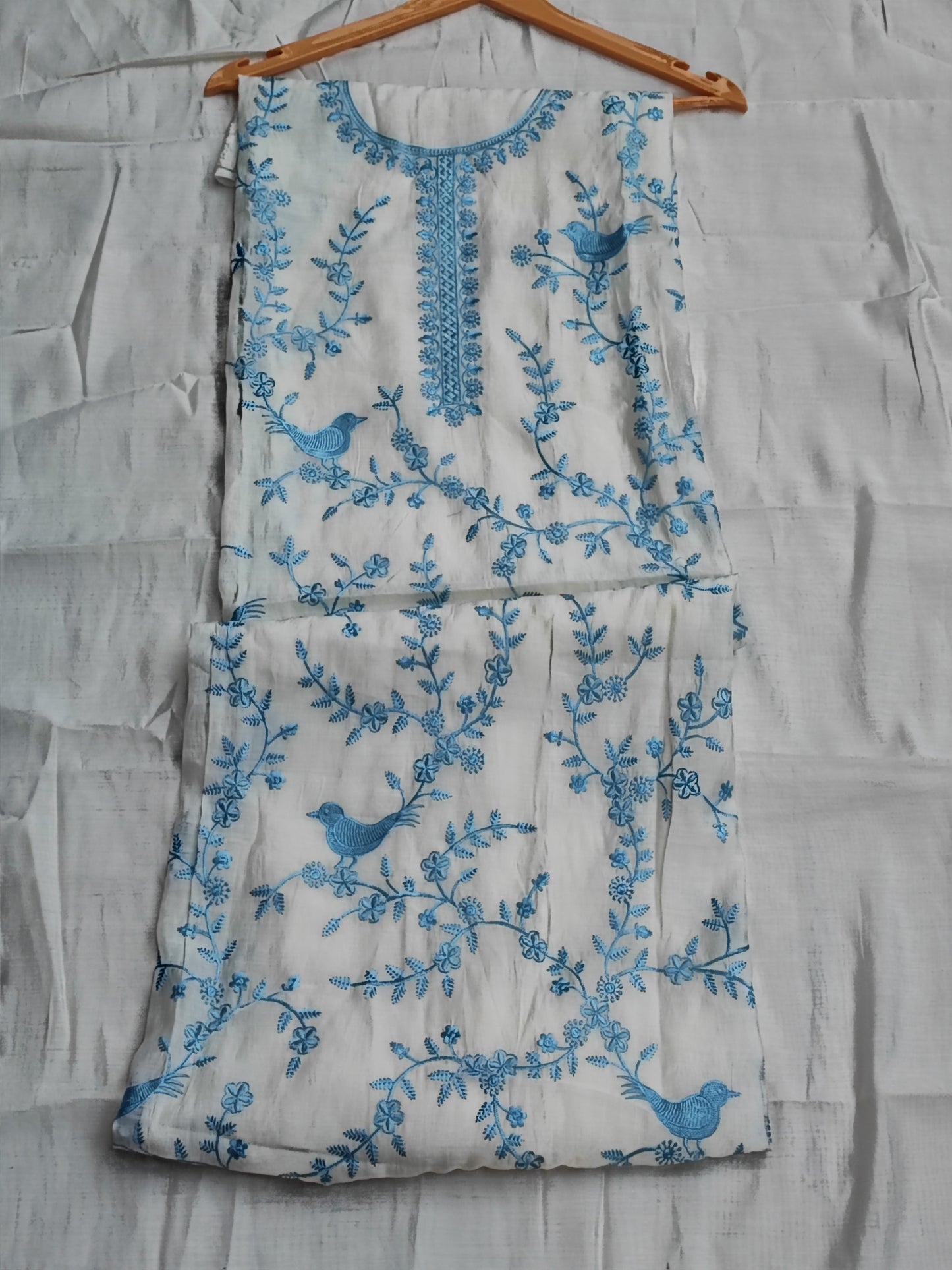 Off-White Muslin Suit with Blue Thread Embroidery
