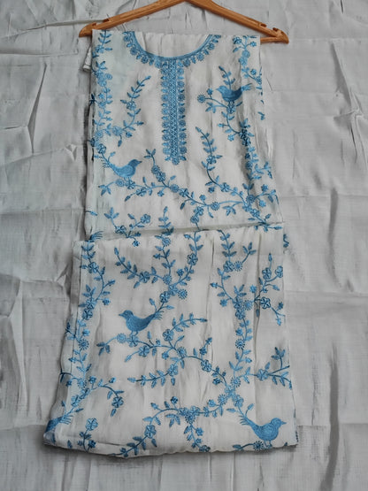 Off-White Muslin Suit with Blue Thread Embroidery