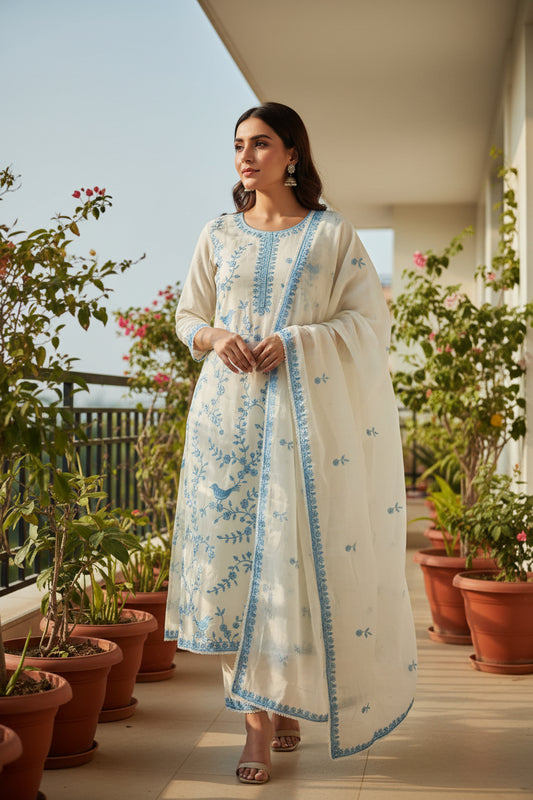 Off-White Muslin Suit with Blue Thread Embroidery