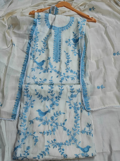 Off-White Muslin Suit with Blue Thread Embroidery