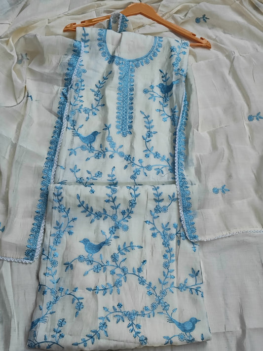 Off-White Muslin Suit with Blue Thread Embroidery