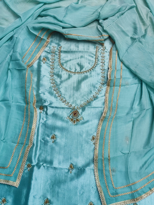 Sea Green Russian Silk Suit with Handwork