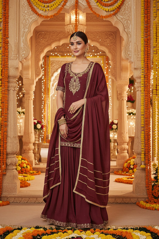 Coffee Crepe Suit with Kali Handwork