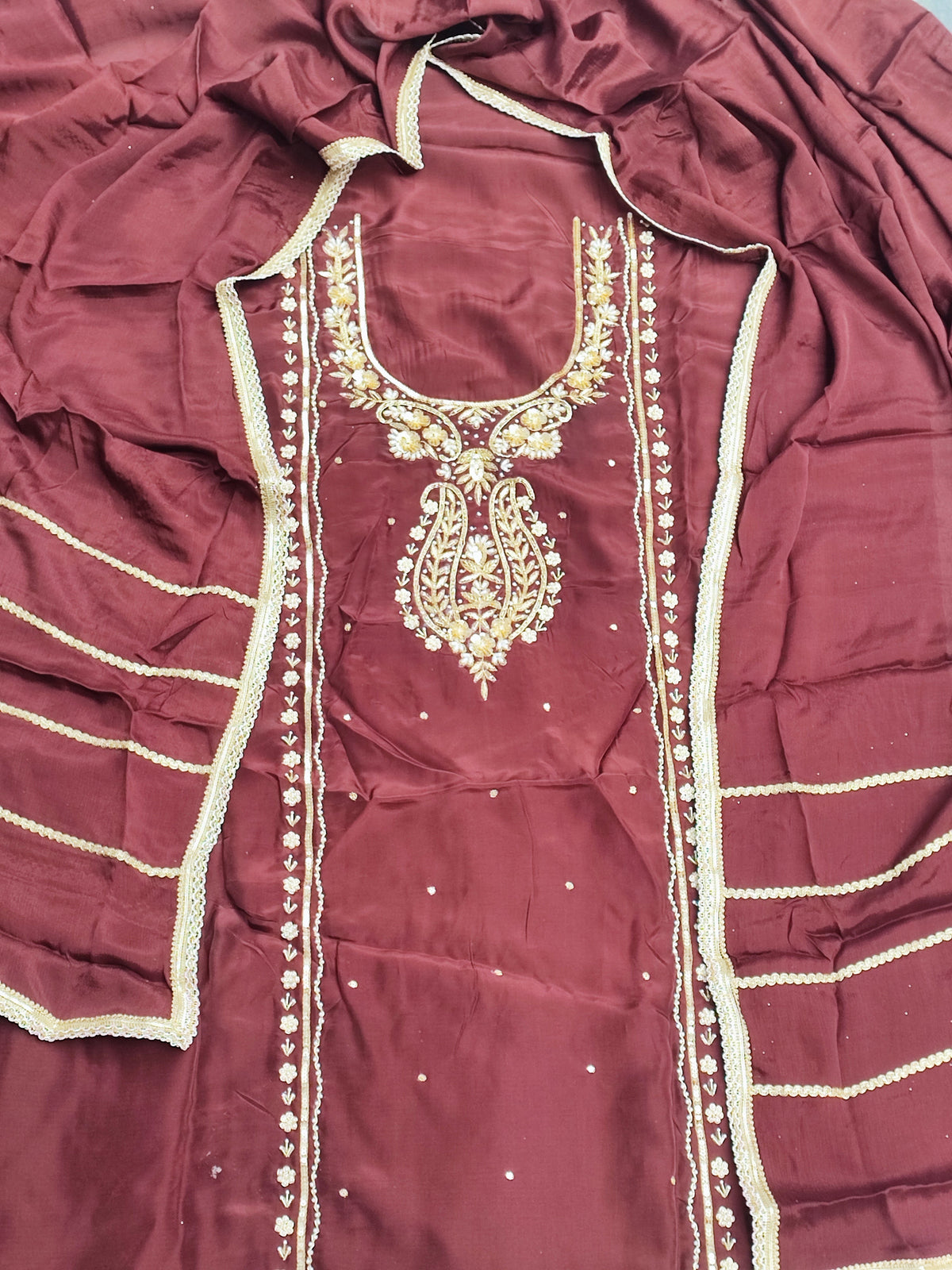 Coffee Crepe Suit with Kali Handwork