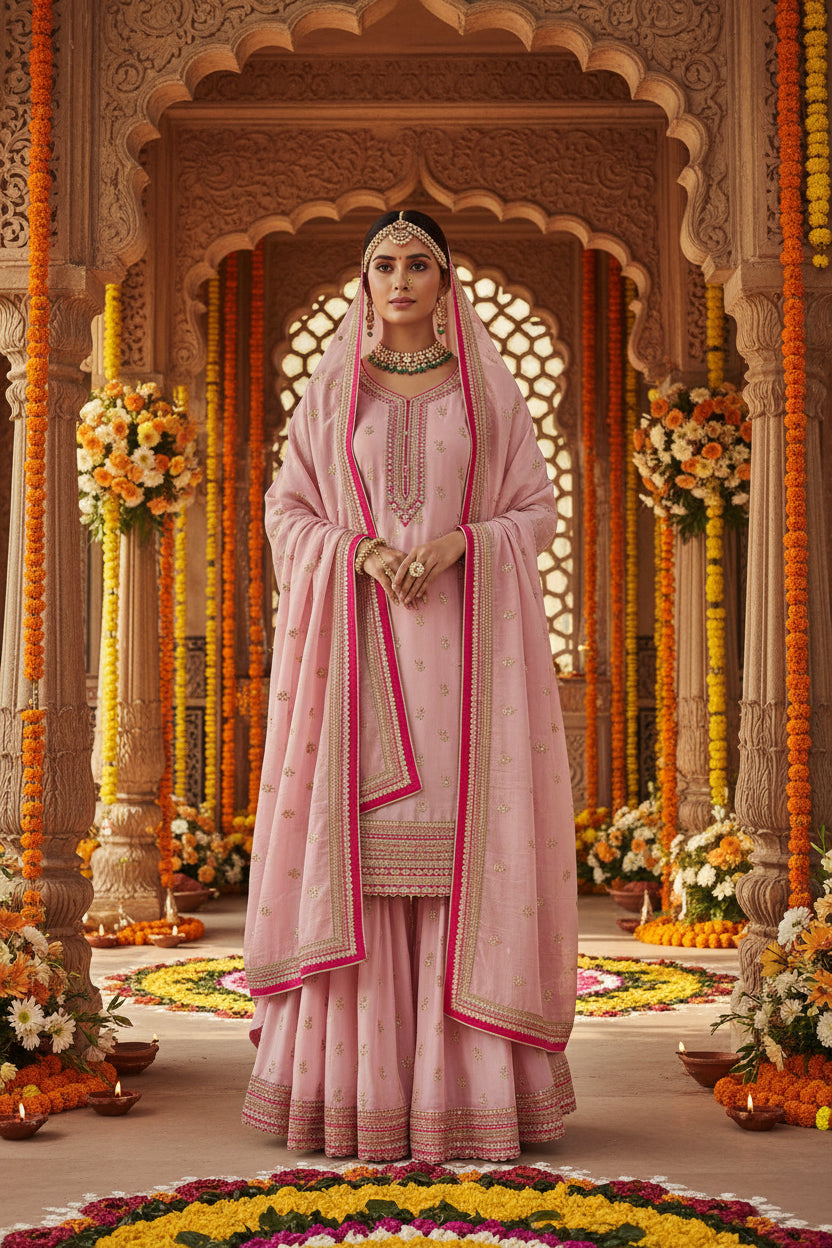 Baby Pink Crepe Suit with Cutdana Handwork