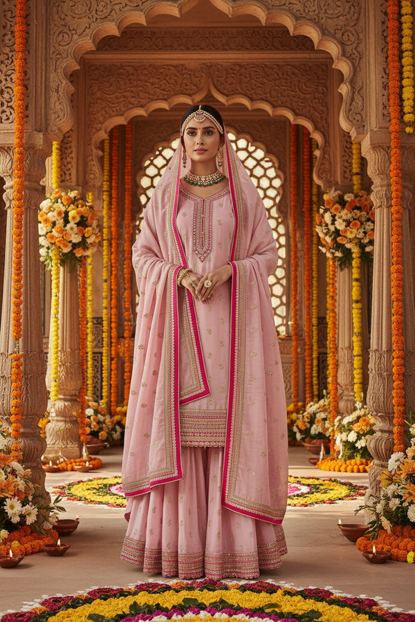 Baby Pink Crepe Suit with Cutdana Handwork