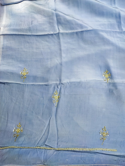 Blue organza dupatta with gold floral hand embroidery and pearl border