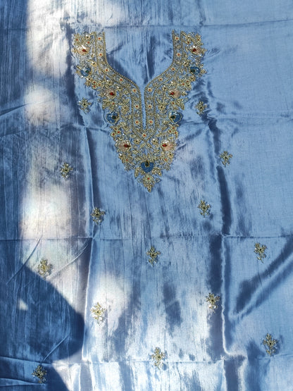 Blue Russian silk shirt piece with embroidered neckline panel and scattered floral butis