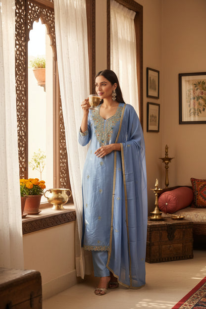 Blue Russian silk suit set with hand-embroidered organza dupatta and gota border