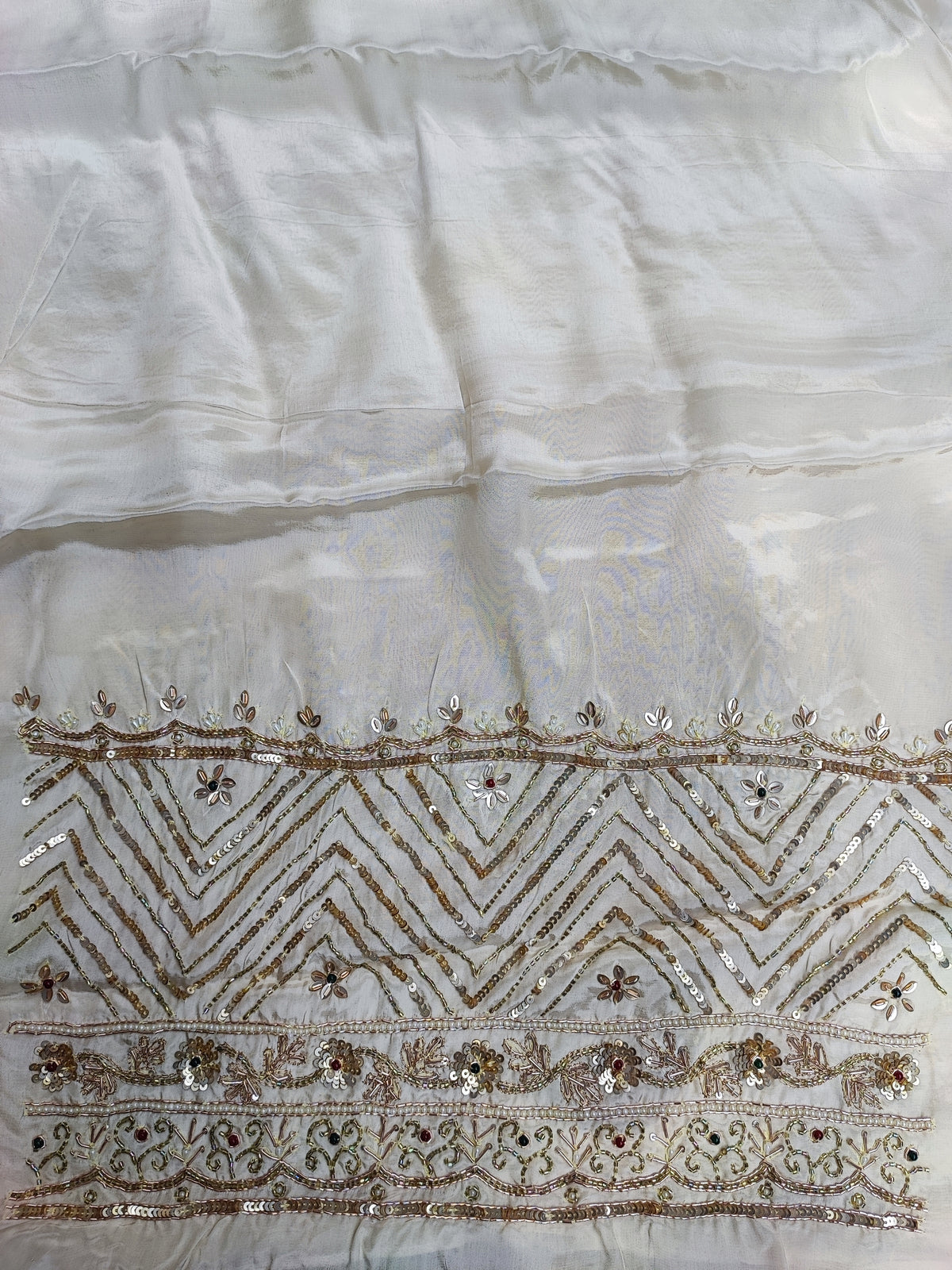Ivory organza dupatta with sequin chevron and floral hand-embroidered border