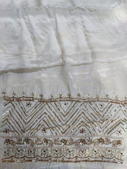 Ivory organza dupatta with sequin chevron and floral hand-embroidered border