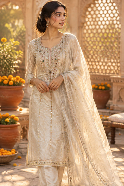 Ivory tissue shirt piece with hand-embroidered neckline and mirror work panels