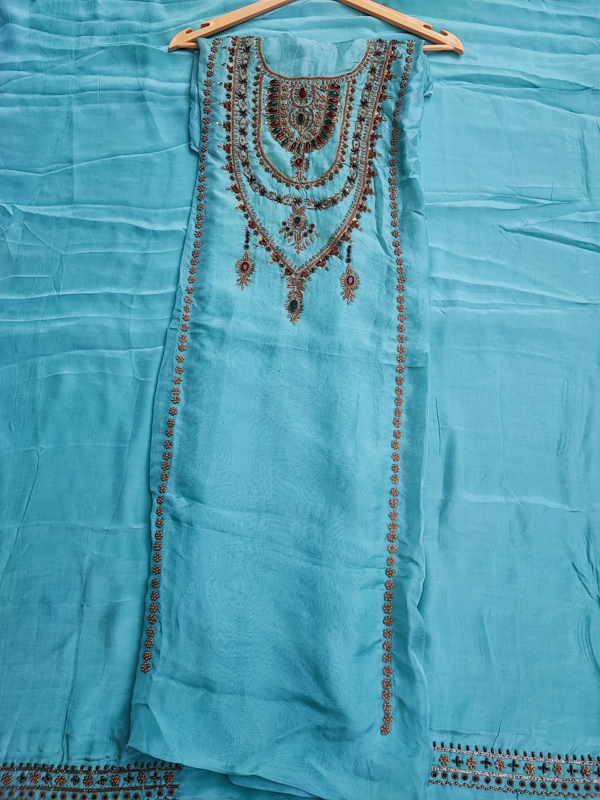 Sea Green Organza Suit with Stone Handwork