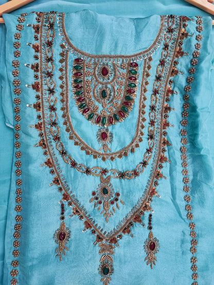 Sea Green Organza Suit with Stone Handwork