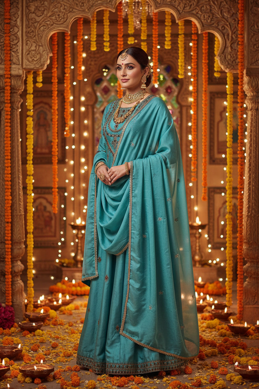 Sea Green Organza Suit with Stone Handwork