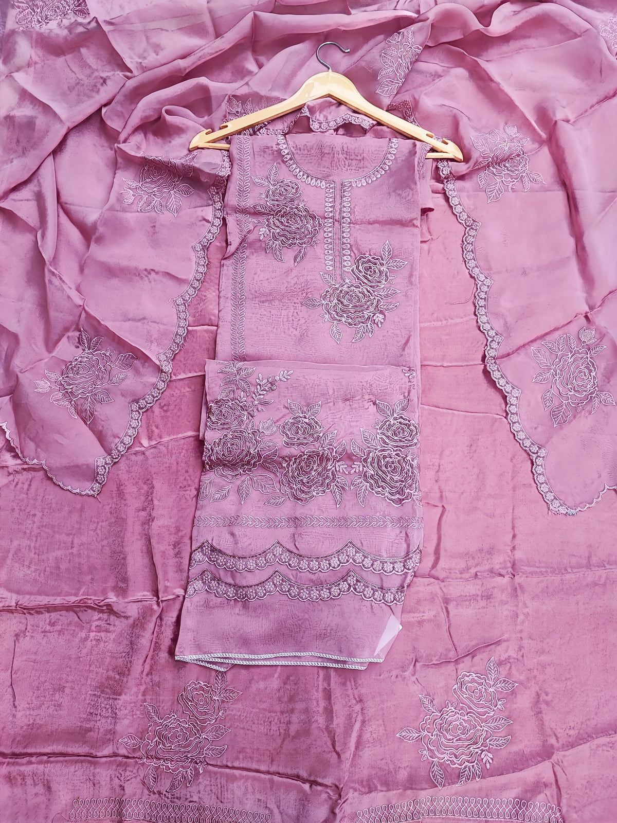 Rose pink organza shirt piece with blooming rose motifs and cutdana detail