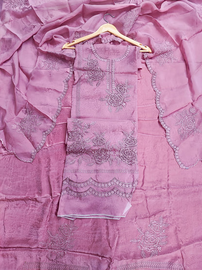 Rose pink organza shirt piece with blooming rose motifs and cutdana detail