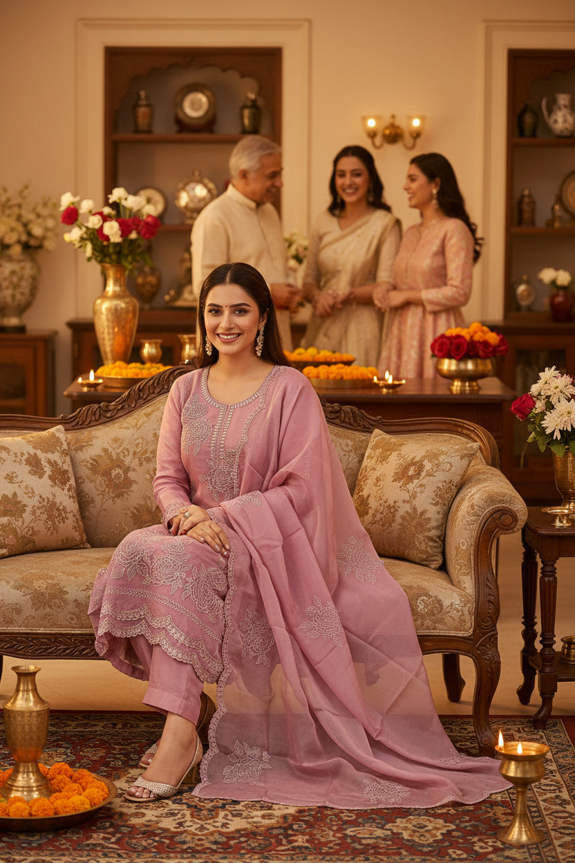 Rose pink organza suit with tonal thread embroidery and cutdana handwork