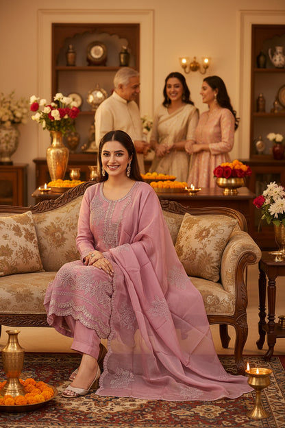 Rose pink organza suit with tonal thread embroidery and cutdana handwork