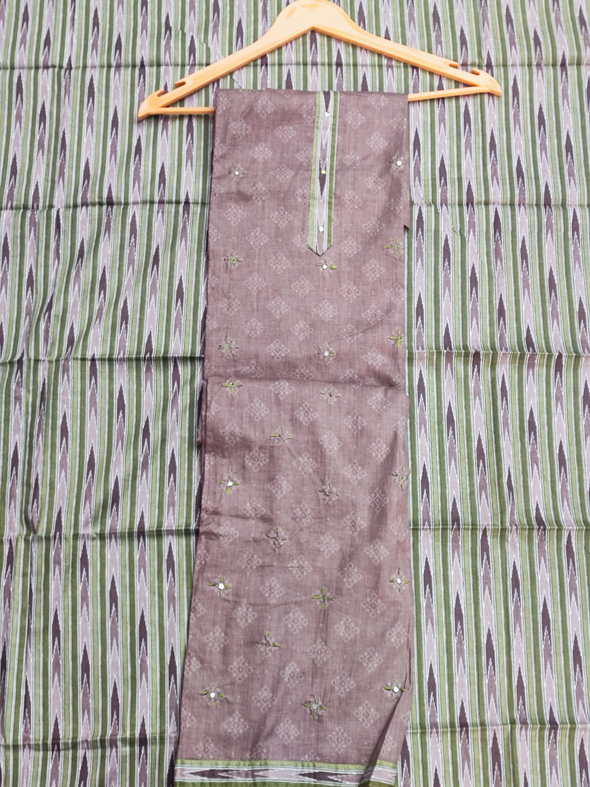 Mouse grey cotton shirt piece with green placket panel and floral motifs