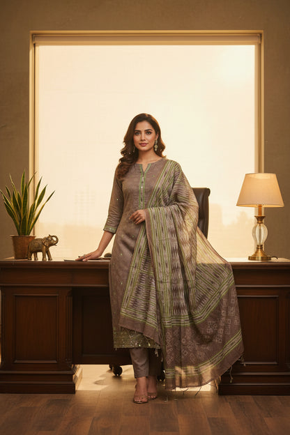 Mouse grey and green cotton suit set with patra and thread work