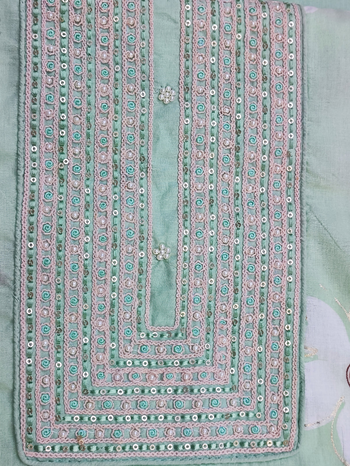 Pastel green cambric cotton shirt piece with white magnolia floral print