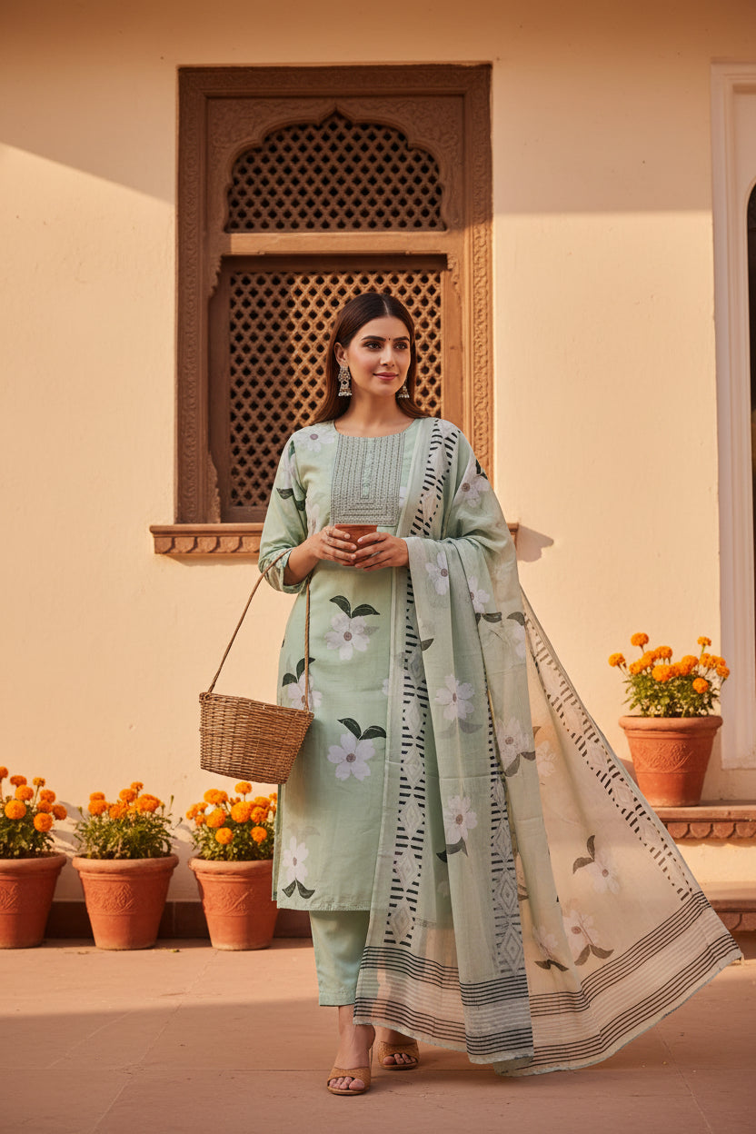 Pastel green cambric cotton suit set with printed mul dupatta