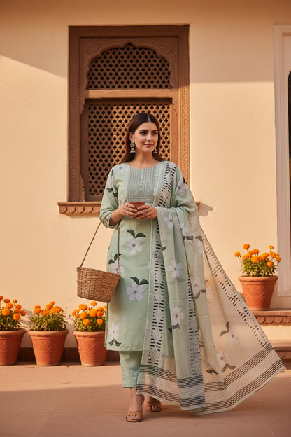 Pastel green cambric cotton suit set with printed mul dupatta