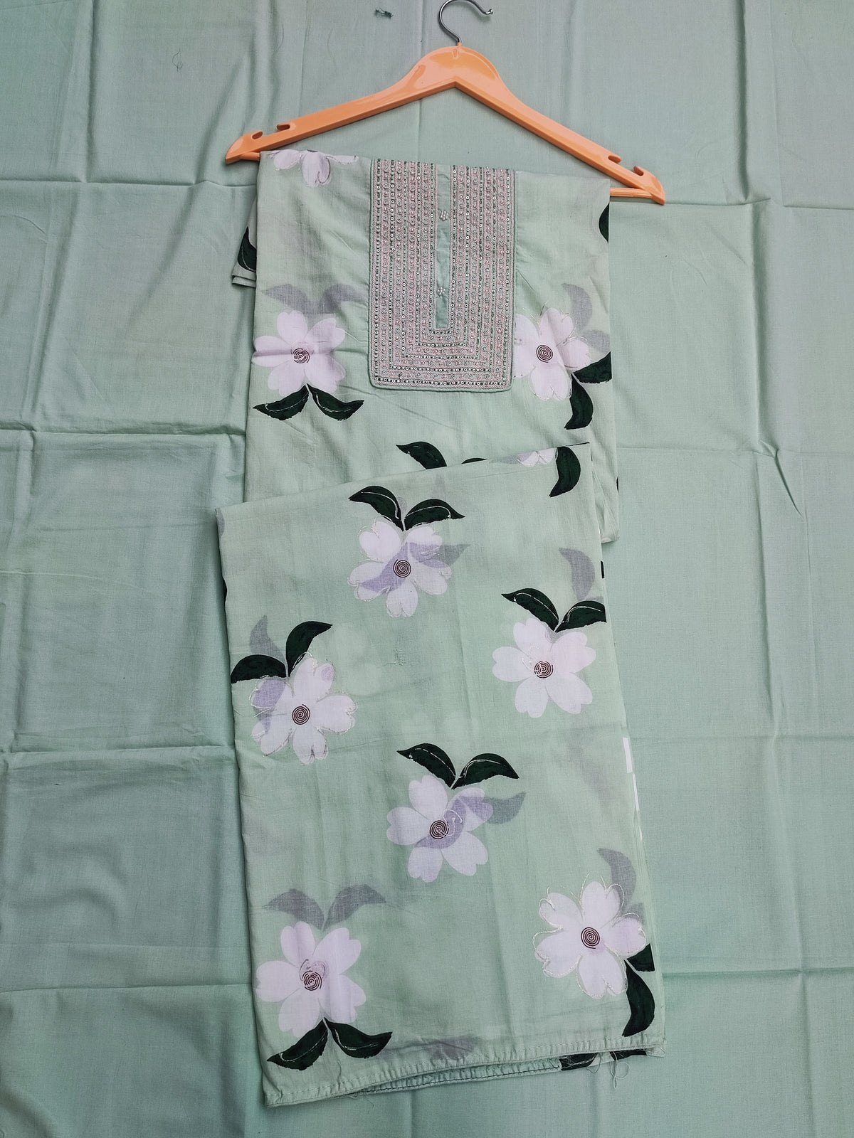 Printed mul dupatta in pastel green with geometric stripe pattern