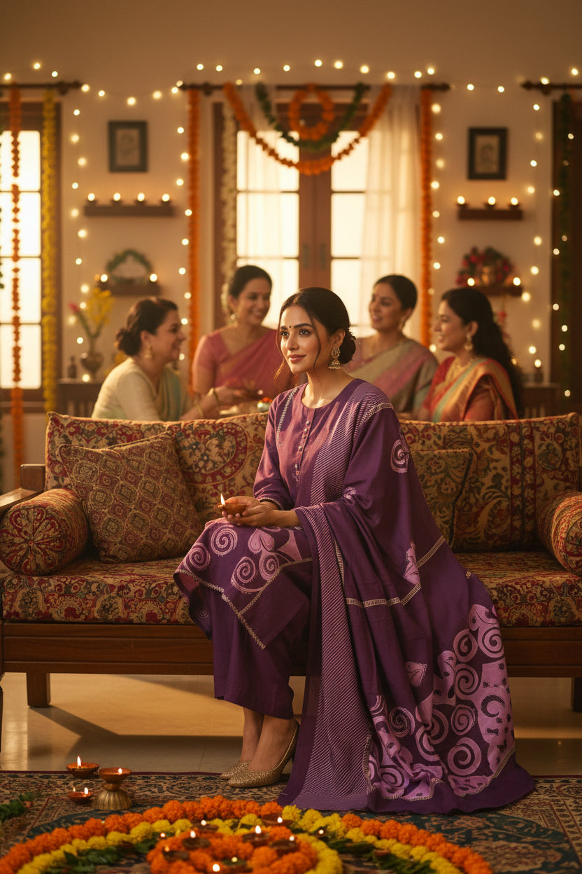 Plum muslin suit set with lilac digital print