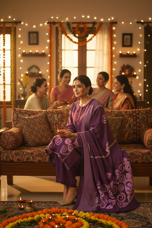Plum muslin suit set with lilac digital print
