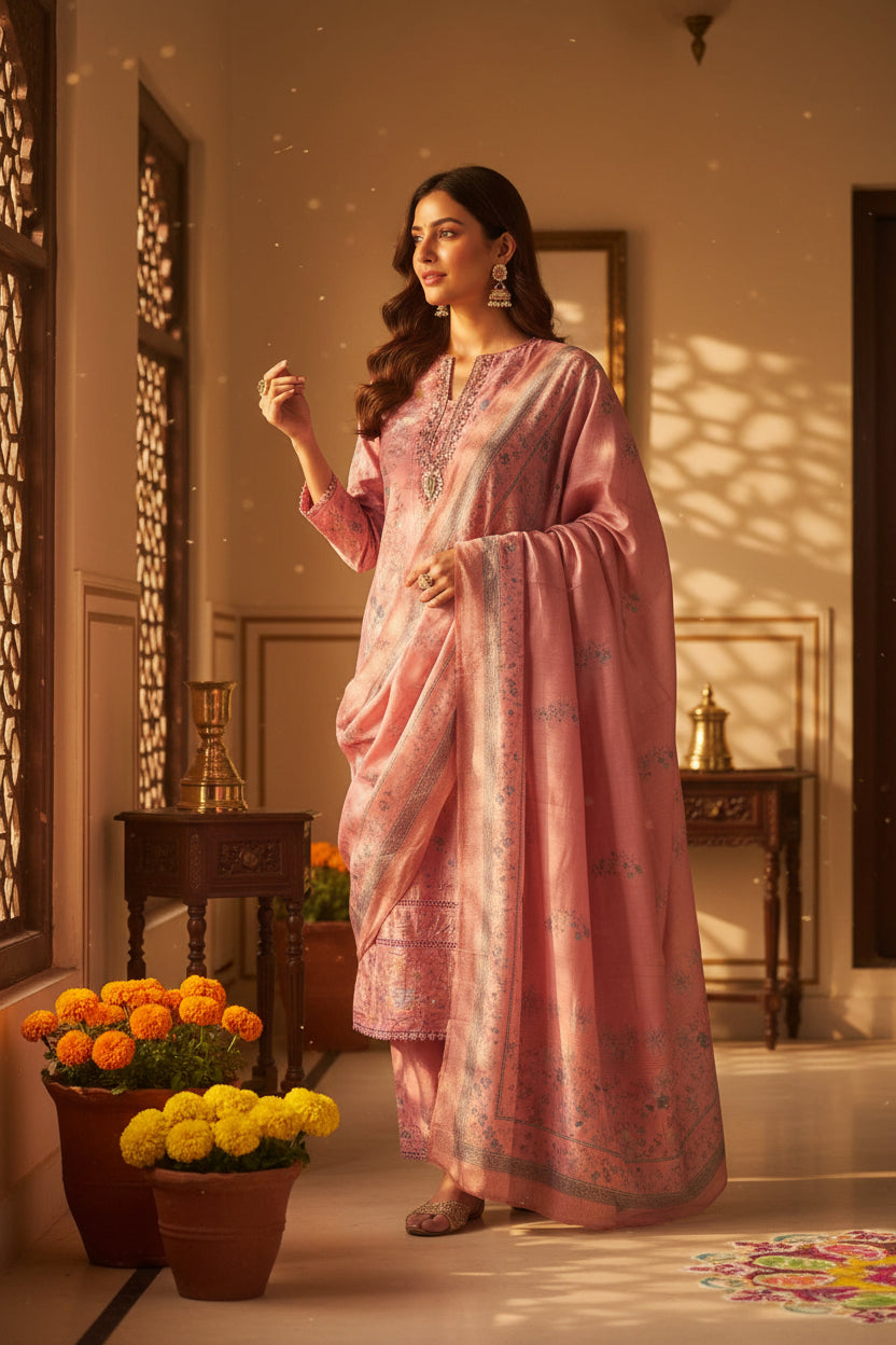 Pink printed muslin suit set with handwork neckline