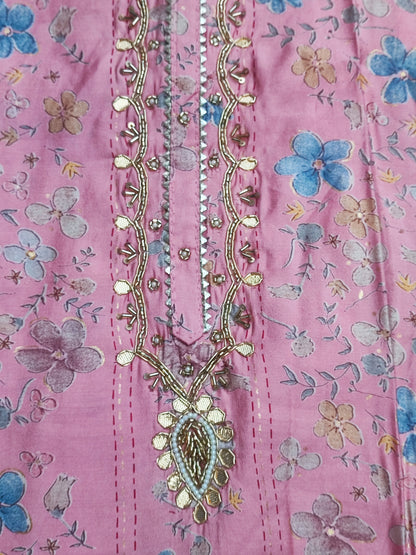 Printed muslin dupatta in pink with watercolour florals and border panel
