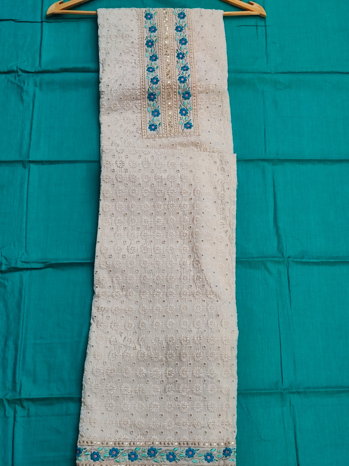 Cream cambric cotton shirt piece with allover chikankari front