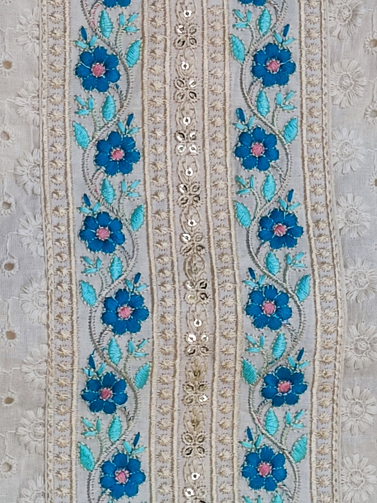 Hand-painted firozi mul cotton dupatta with coral and blue florals