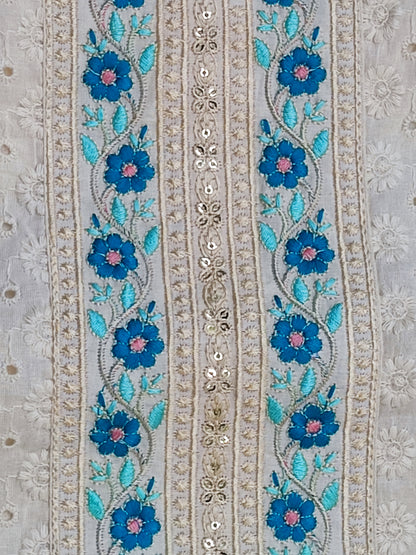 Hand-painted firozi mul cotton dupatta with coral and blue florals