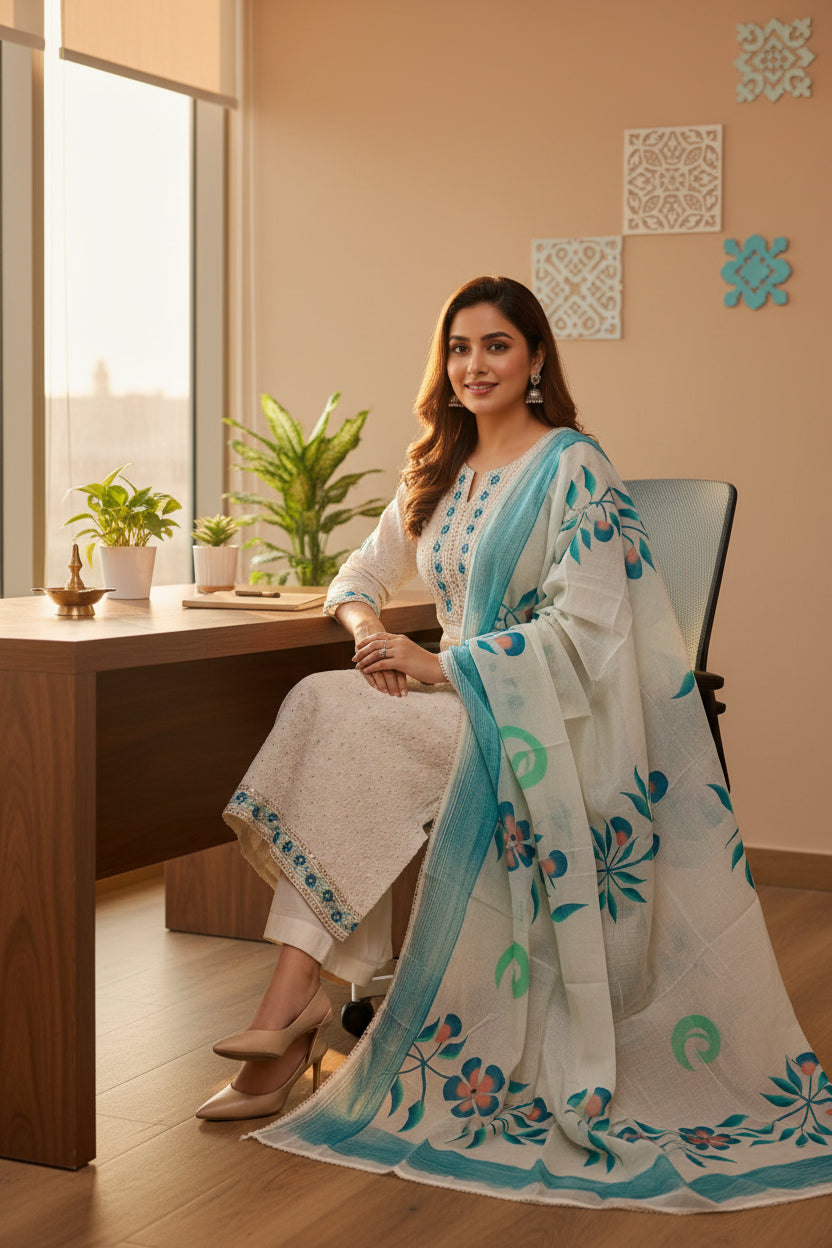Cream chikankari cotton suit set with hand-painted firozi dupatta