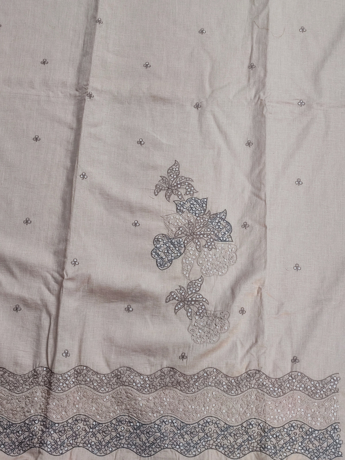 Beige linen shirt piece with scalloped embroidered panels
