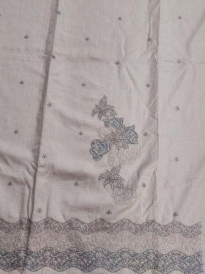 Beige linen shirt piece with scalloped embroidered panels