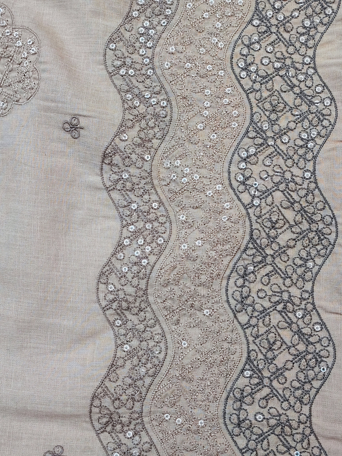 Floral embroidered motif with sippi work on beige linen fabric