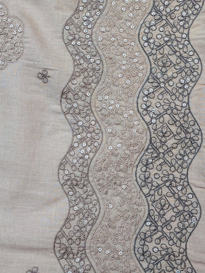 Floral embroidered motif with sippi work on beige linen fabric