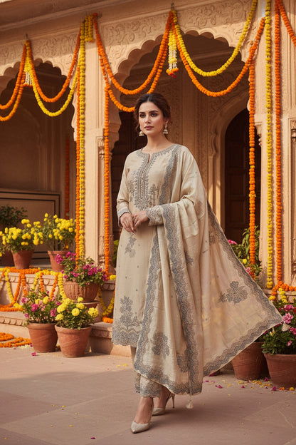 Beige linen suit set with tonal thread and sippi work and tabby silk dupatta