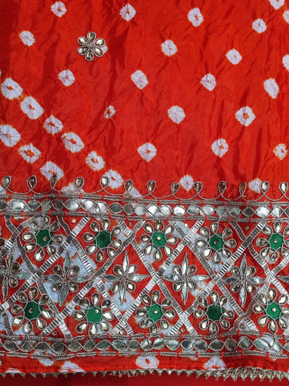 Orange bandhani shirt piece with scattered gota patti flower motifs