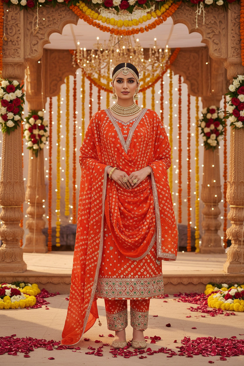 Bright orange bandhani suit set in semi gajji silk with gota patti work