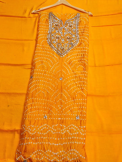 Yellow bandhani shirt piece with gota flower butis for haldi