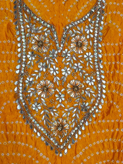 Yellow bandhani dupatta in semi gajji silk with four-side gota lace
